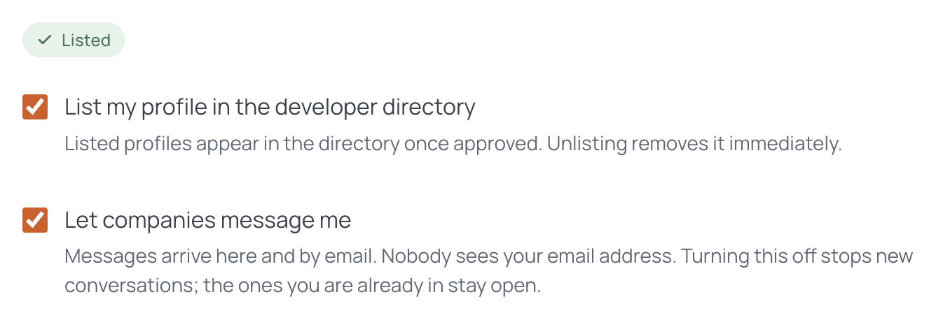 The developer profile settings, with Let companies message me checked alongside List my profile in the developer directory