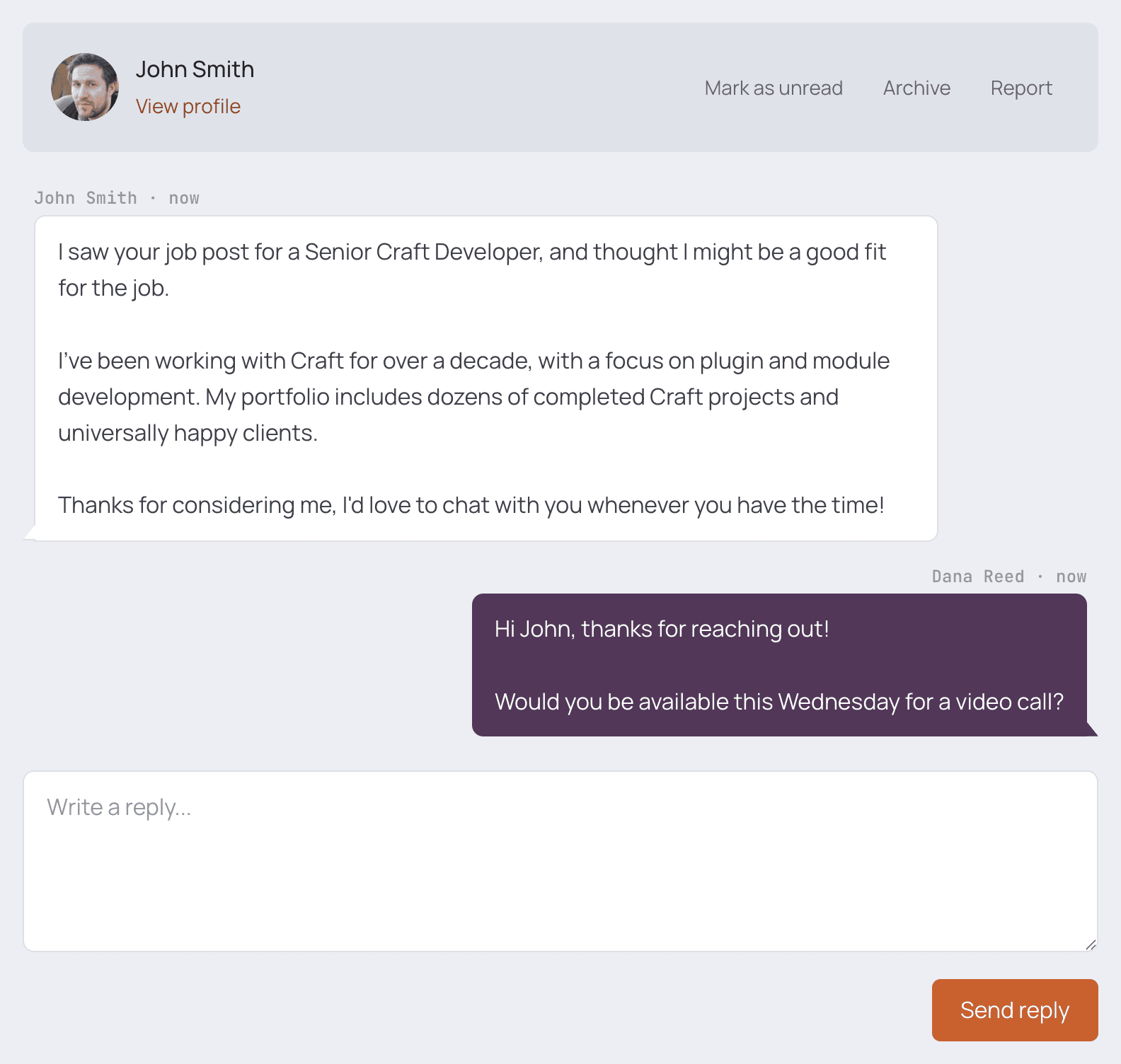 A message thread with a reply box, where a company reads a developer's application and answers it without leaving Work With Craft