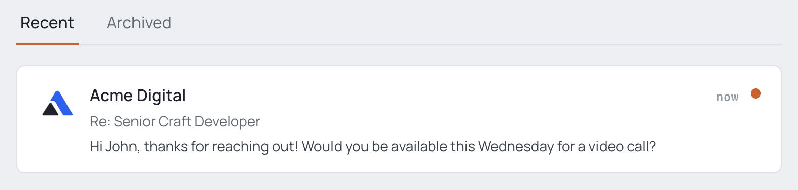 The Work With Craft inbox, showing an unread conversation with Acme Digital about a Senior Craft Developer role