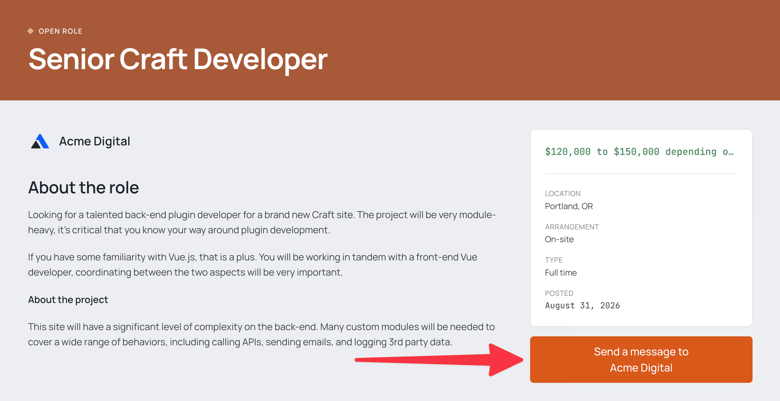 A Senior Craft Developer job posting, with an arrow pointing at the orange Send a message to Acme Digital button